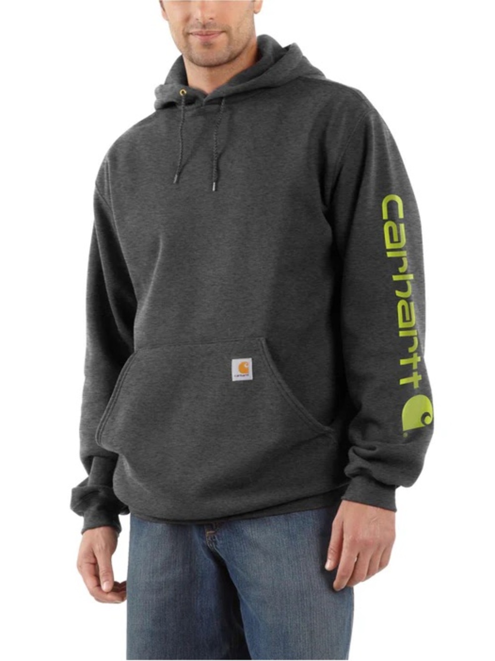 Carhartt Men's Charcoal Hoodie with Neon Yellow Sleeve Logo
